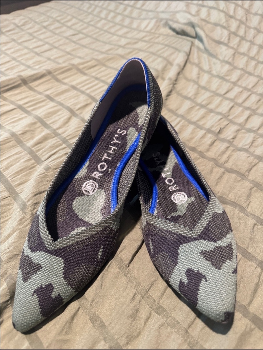 Rothy's Women's Pointed Knit Flats in Charcoal Camo with Blue Trim